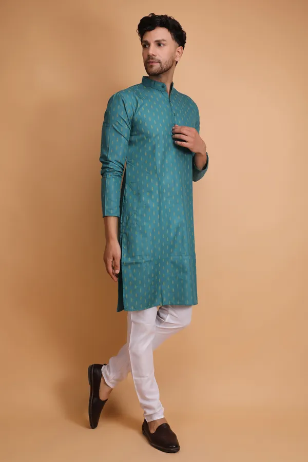 Teal_Slub_Cotton_Kurta_For_Men