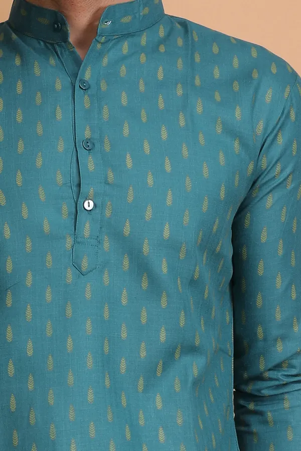 Teal_Slub_Cotton_Kurta_For_Men