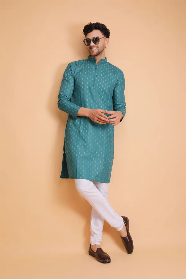 Teal_Slub_Cotton_Kurta_For_Men