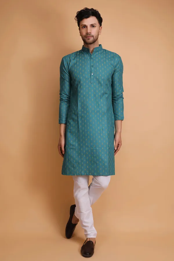 Teal_Slub_Cotton_Kurta_For_Men