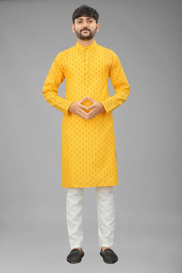 Yellow_Slub_Cotton_Kurta_For_Men