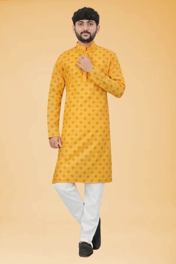 Yellow_Slub_Cotton_Kurta_For_Men