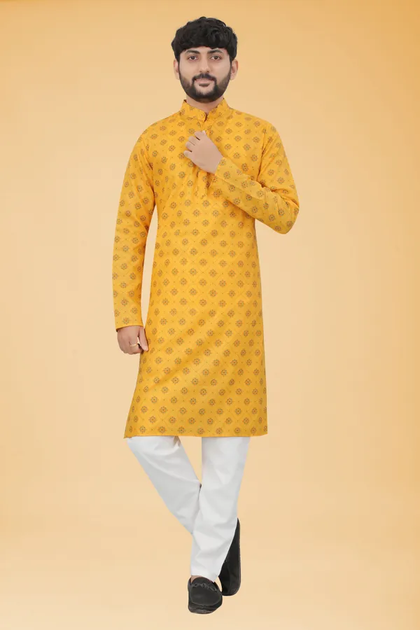 Yellow_Slub_Cotton_Kurta_For_Men