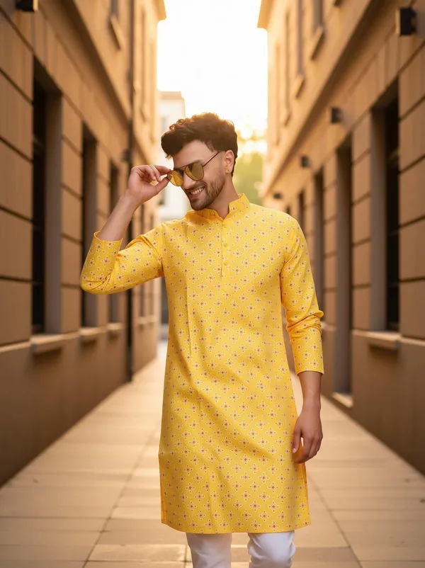 Yellow_Slub_Cotton_Kurta_For_Men