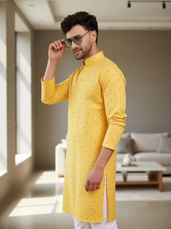 Yellow_Slub_Cotton_Kurta_For_Men