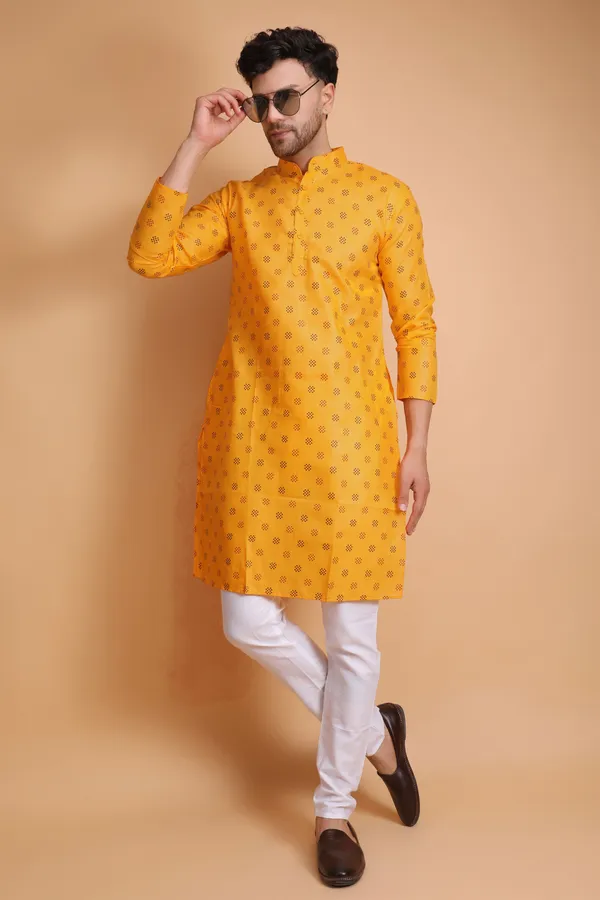 Yellow_Slub_Cotton_Kurta_For_Men
