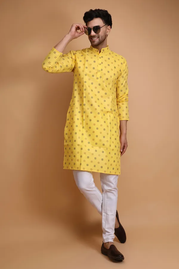 Yellow_Slub_Cotton_Kurta_For_Men