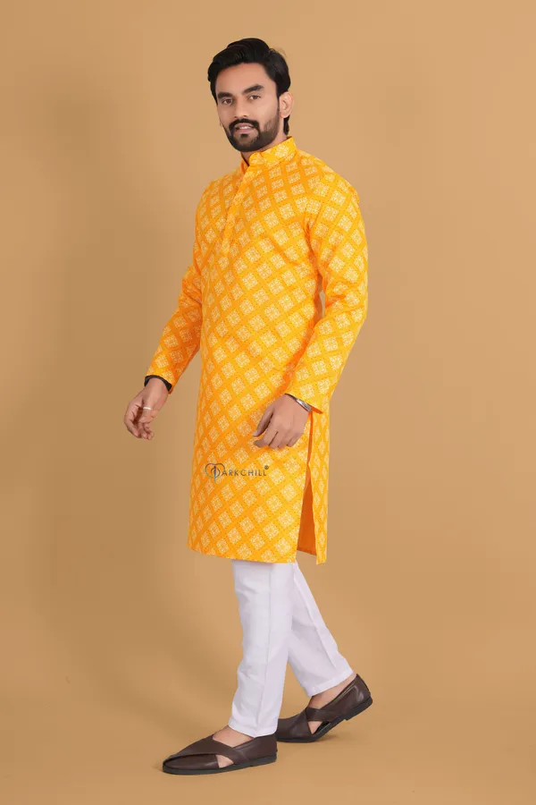 Yellow_Slub_Cotton_Kurta_For_Men