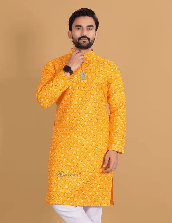Yellow_Slub_Cotton_Kurta_For_Men
