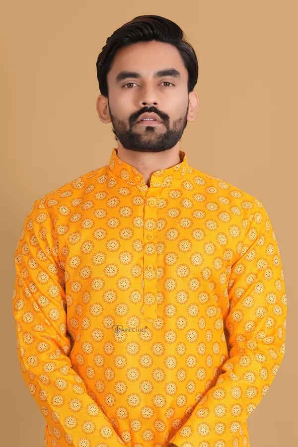 Yellow_Slub_Cotton_Kurta_For_Men