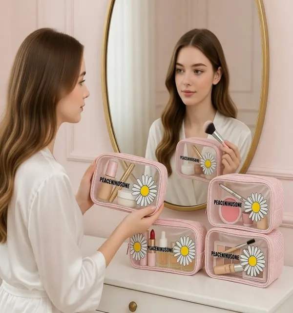4_Pcs_Makeup_Cosmetic_Bag_Set_for_Women_�_Waterproof_Travel_Wash_Bag_with_Handle,_Large_Capacity_Toiletry_&_Skincare_Organizer-Assorted_Colors