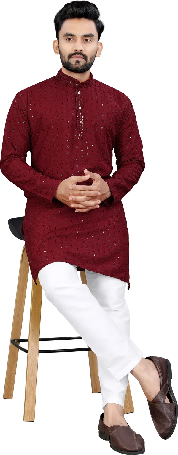 Shree_Dutt_Creation_Men_Chikan_Embroidery_Straight_Kurta_(Maroon)