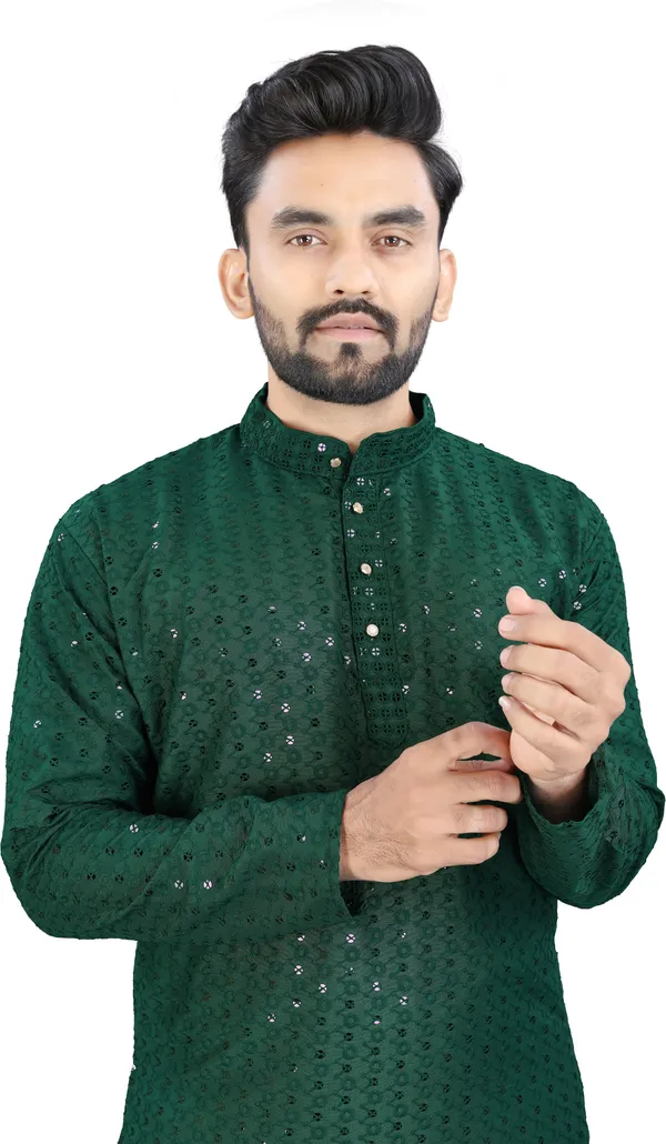 Kanha_Creation_Men_Chikan_Embroidery_Straight_Kurta_(Dark_Green)