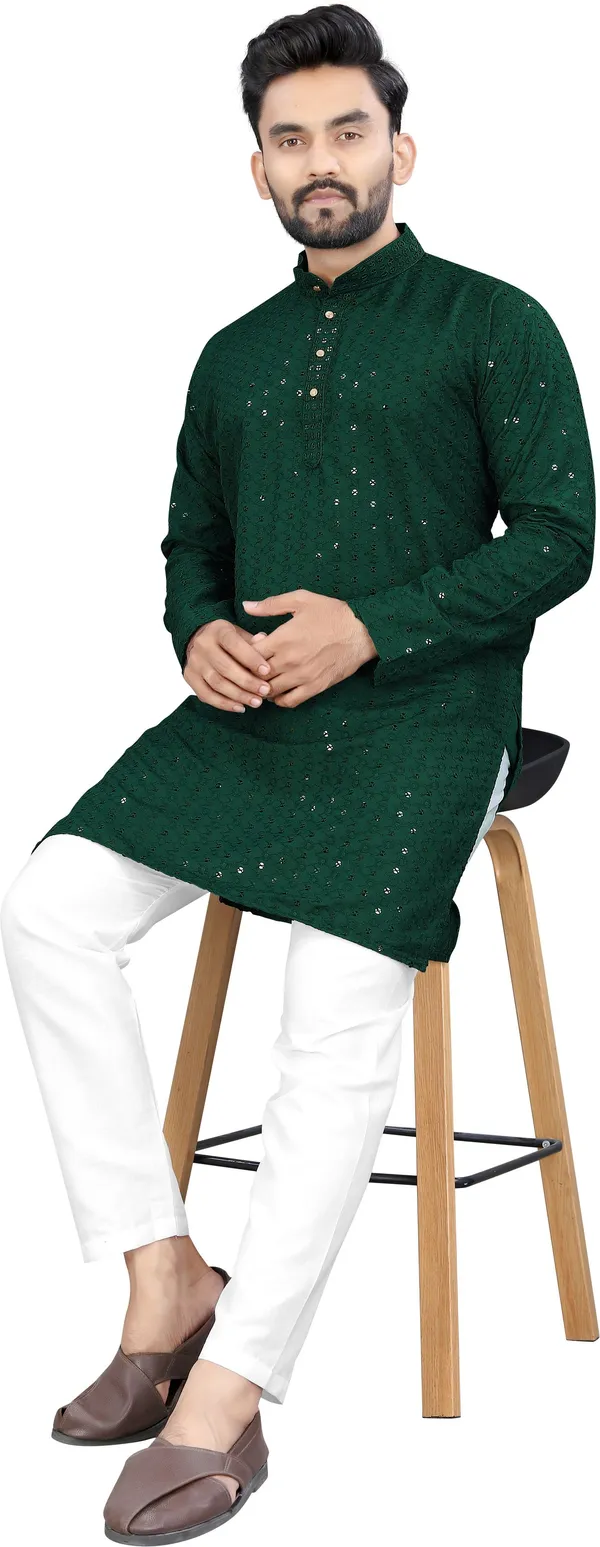 Kanha_Creation_Men_Chikan_Embroidery_Straight_Kurta_(Dark_Green)