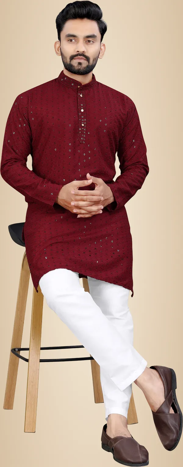 Shree_Dutt_Creation_Men_Chikan_Embroidery_Straight_Kurta_(Maroon)