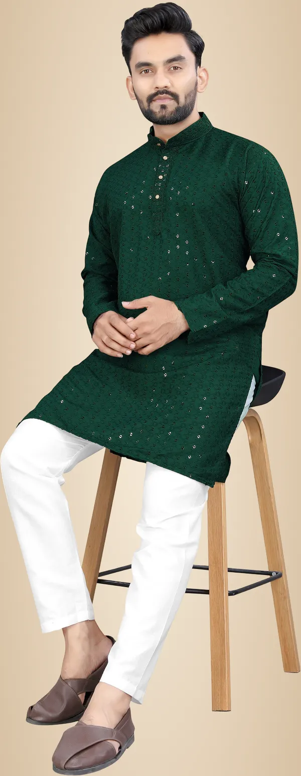Kanha_Creation_Men_Chikan_Embroidery_Straight_Kurta_(Dark_Green)