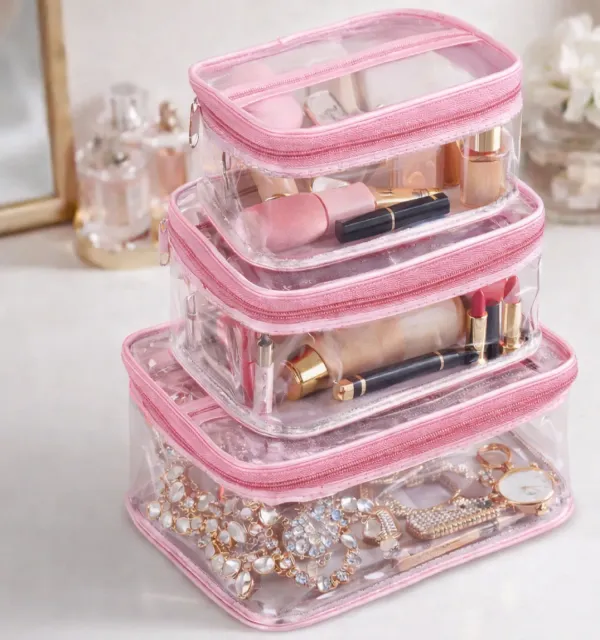 3_Pcs_Makeup_Cosmetic_Bag_Set_for_Women_�_Waterproof_Travel_Wash_Bag_with_Handle,_Large_Capacity_Toiletry_&_Skincare_Organizer-Pink