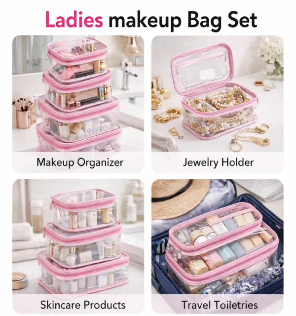 3_Pcs_Makeup_Cosmetic_Bag_Set_for_Women_�_Waterproof_Travel_Wash_Bag_with_Handle,_Large_Capacity_Toiletry_&_Skincare_Organizer-Pink
