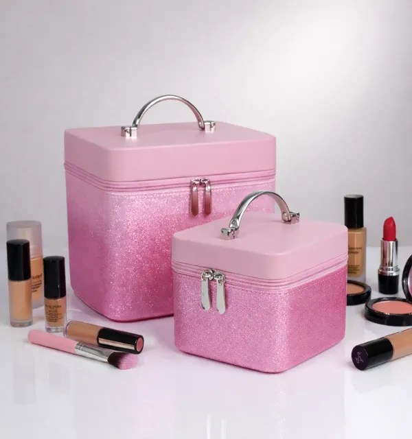 2-Piece_Professional_Makeup_Storage_Organizer_with_Handle,_Portable_Beauty_Vanity_Carrying_Box-Pink