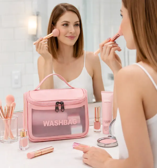Makeup_Cosmetic_Bag_for_Women_,_Waterproof_Travel_Wash_Bag_with_Handle_,_Large_Capacity_Toiletry_Organizer_Pouch_-_Pink