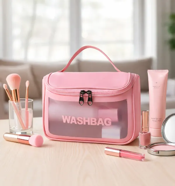 Makeup_Cosmetic_Bag_for_Women_,_Waterproof_Travel_Wash_Bag_with_Handle_,_Large_Capacity_Toiletry_Organizer_Pouch_-_Pink
