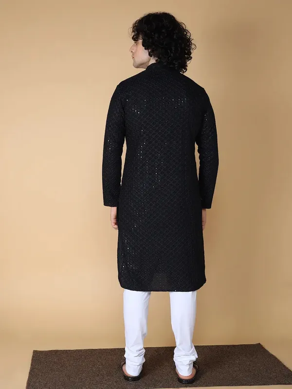 Traditional_Black_Cotton_Blend_Kurta,_Elegant_Style,_Mandarin_Collar,_Long_Sleeve,_Ethnic_Wear