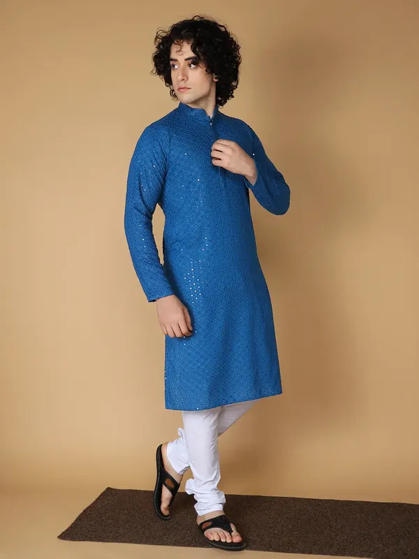 Traditional_Royal_Blue_Cotton_Blend_Kurta,_Elegant_Style,_Mandarin_Collar,_Long_Sleeve,_Ethnic_Wear_Kurta_For_Man