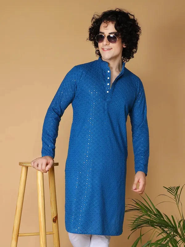 Traditional_Royal_Blue_Cotton_Blend_Kurta,_Elegant_Style,_Mandarin_Collar,_Long_Sleeve,_Ethnic_Wear_Kurta_For_Man