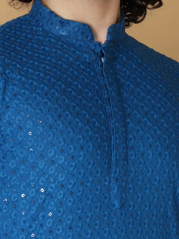 Traditional_Royal_Blue_Cotton_Blend_Kurta,_Elegant_Style,_Mandarin_Collar,_Long_Sleeve,_Ethnic_Wear_Kurta_For_Man