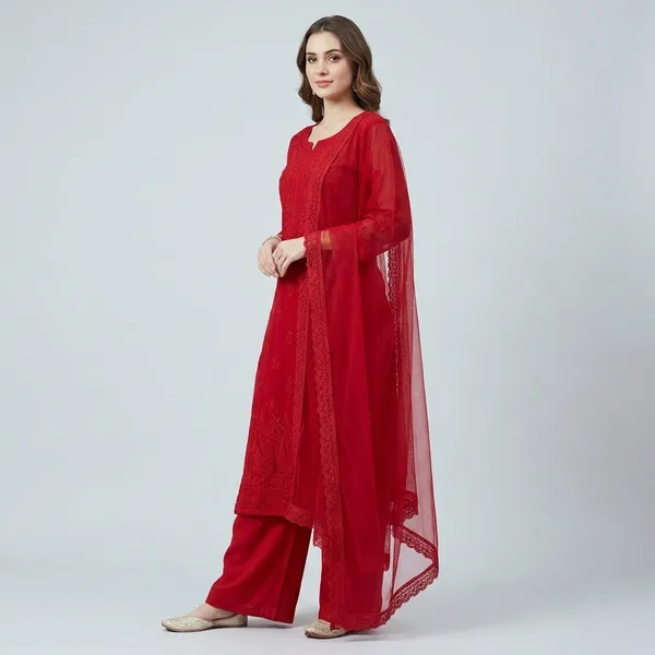 Red_Chikankari_Kurti_Set_With_Dupatta_For_Women