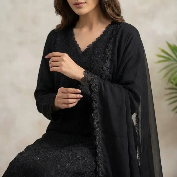 Black_Georgette_Chikankari_Embroidery_Kurta_With_Pant_And_Dupatta_For_Women