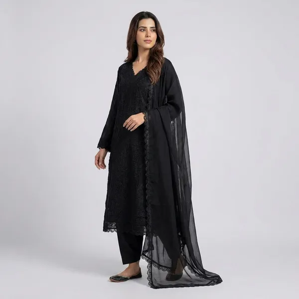 Black_Georgette_Chikankari_Embroidery_Kurta_With_Pant_And_Dupatta_For_Women