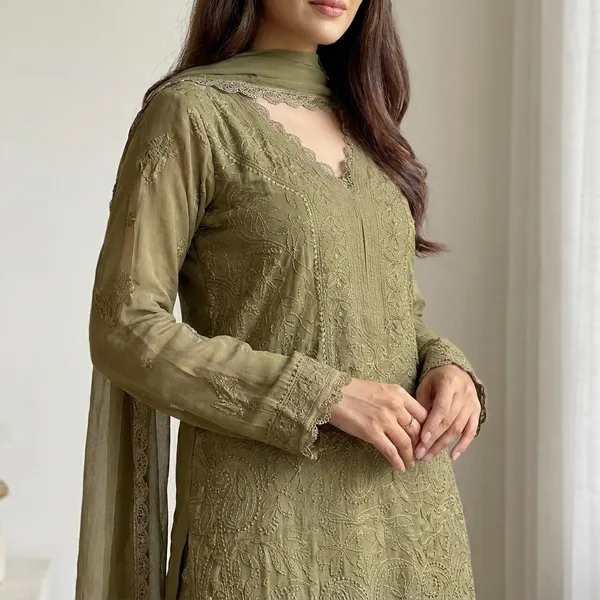 Olive_Green_Georgette_Chikankari_Embroidery_Kurta_With_Pant_And_Dupatta_For_Women