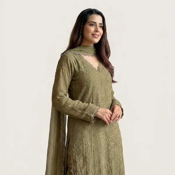 Olive_Green_Georgette_Chikankari_Embroidery_Kurta_With_Pant_And_Dupatta_For_Women