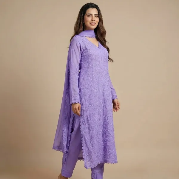 Lavender_Georgette_Chikankari_Embroidery_Kurta_With_Pant_And_Dupatta_For_Women