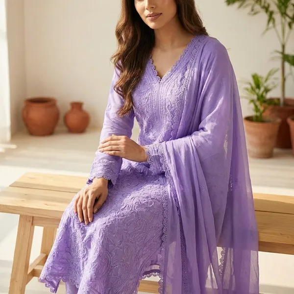 Lavender_Georgette_Chikankari_Embroidery_Kurta_With_Pant_And_Dupatta_For_Women