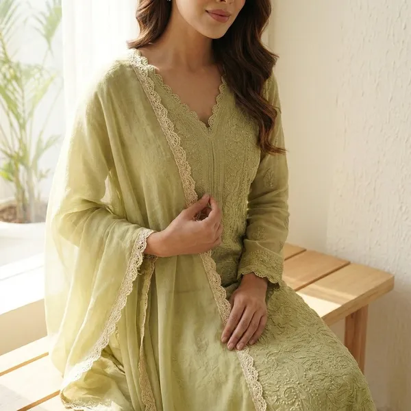 Pastel_Lime_Georgette_Chikankari_Embroidery_Kurta_With_Pant_And_Dupatta_For_Women