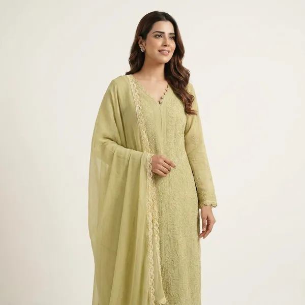 Pastel_Lime_Georgette_Chikankari_Embroidery_Kurta_With_Pant_And_Dupatta_For_Women