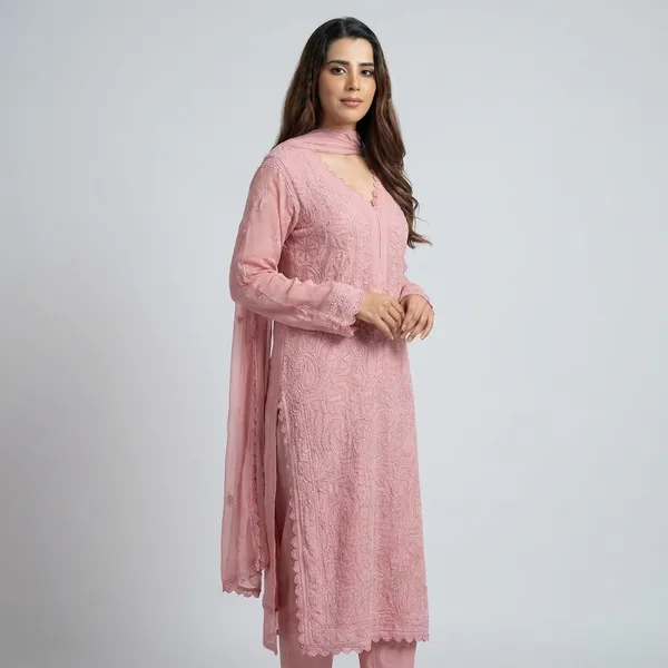 Pastel_Pink_Georgette_Chikankari_Embroidery_Kurta_With_Pant_And_Dupatta_For_Women