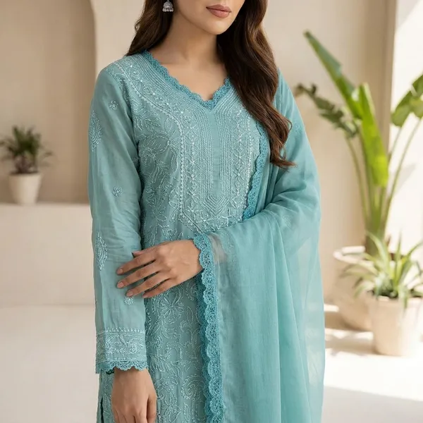 Light_Blue_Teal_Georgette_Chikankari_Embroidery_Kurta_With_Pant_And_Dupatta_For_Women