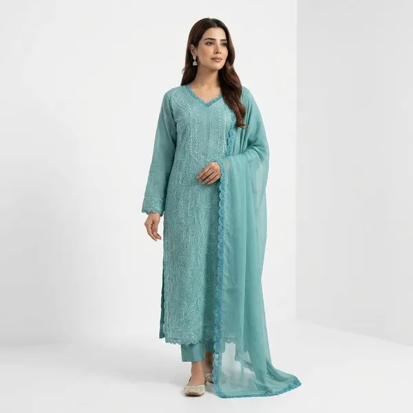 Light_Blue_Teal_Georgette_Chikankari_Embroidery_Kurta_With_Pant_And_Dupatta_For_Women