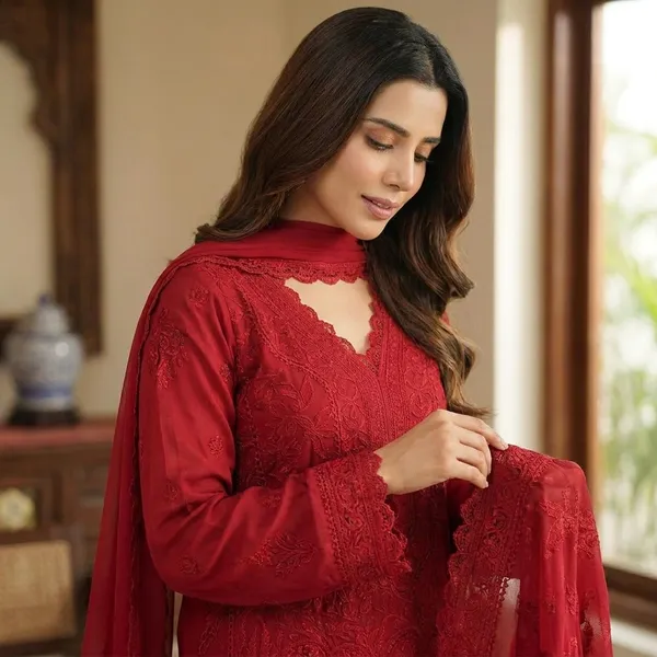 Red_Georgette_Chikankari_Embroidery_Kurta_With_Pant_And_Dupatta_For_Women
