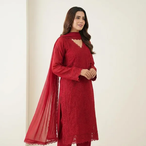 Red_Georgette_Chikankari_Embroidery_Kurta_With_Pant_And_Dupatta_For_Women
