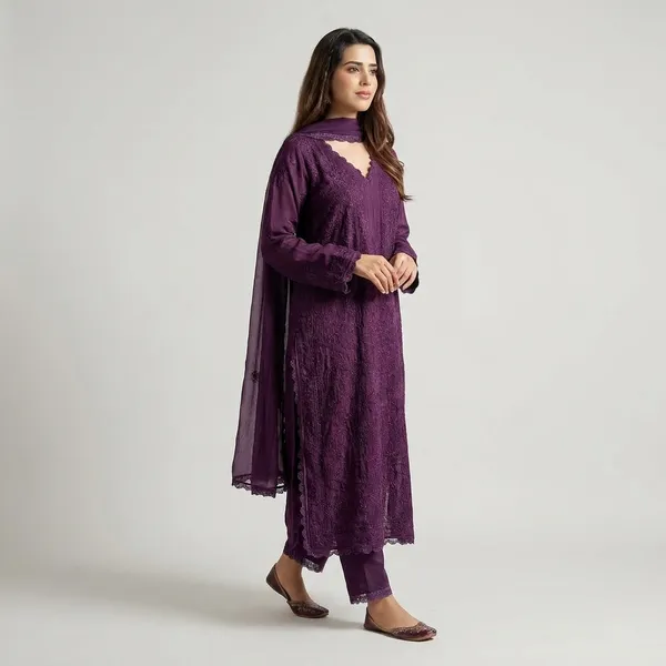 Wine_Georgette_Chikankari_Embroidery_Kurta_With_Pant_And_Dupatta_For_Women