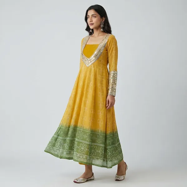 Mustard_Yellow_And_Green_Faux_Georgette_Kurti_Set_With_Mirror_Work_|_3_-_Piece_Festive_Wear