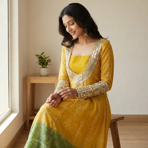 Mustard_Yellow_And_Green_Faux_Georgette_Kurti_Set_With_Mirror_Work_|_3_-_Piece_Festive_Wear