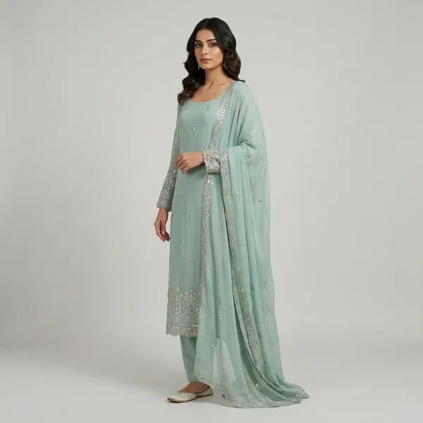 Pista_Green_Faux_Georgette_Sequin_Work_Suit_Set_|_Readymade_Top,_Micro_Cotton_Pant_And_Lace_Dupatta