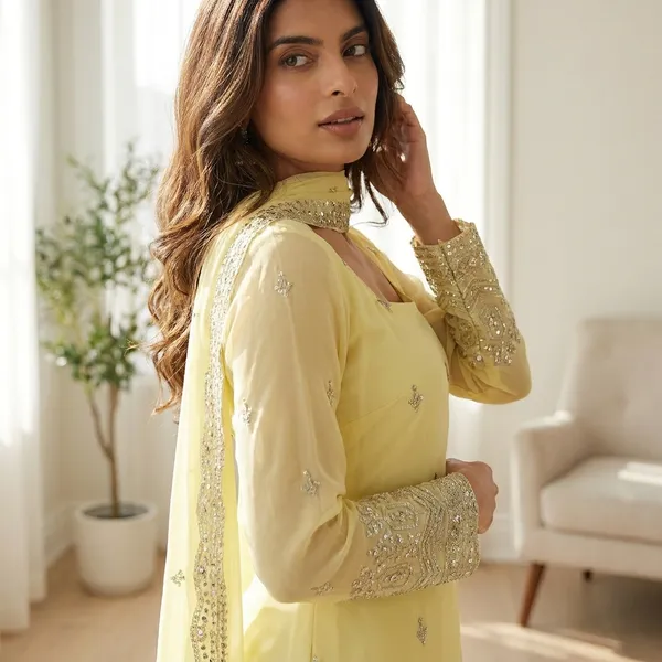 Sunshine_Yellow_Faux_Georgette_Sequin_Work_Suit_Set_|_Readymade_Top,_Micro_Cotton_Pant_And_Lace_Dupatta