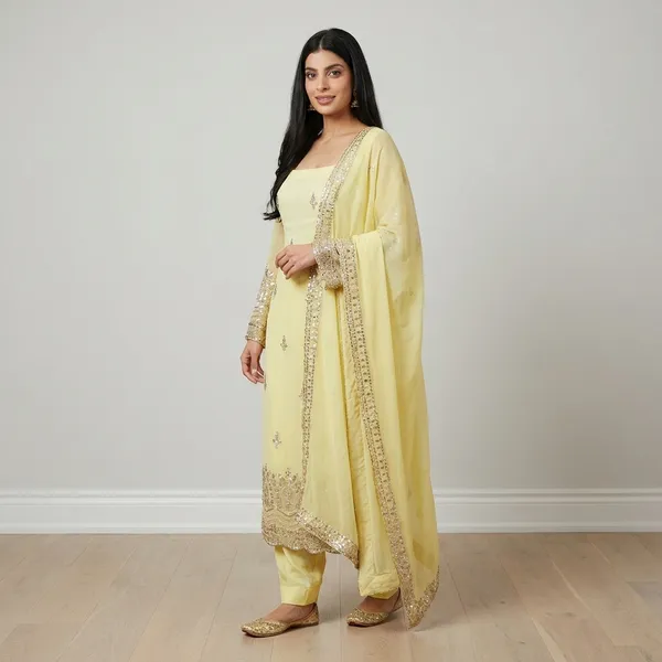 Sunshine_Yellow_Faux_Georgette_Sequin_Work_Suit_Set_|_Readymade_Top,_Micro_Cotton_Pant_And_Lace_Dupatta