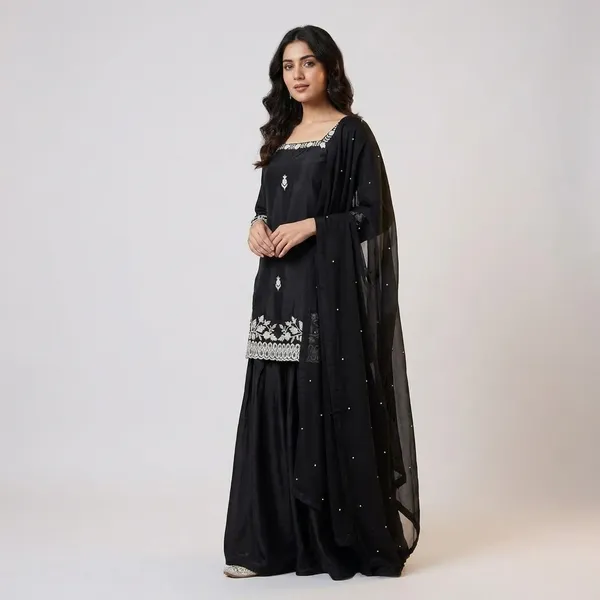 Black_Luxury_Heavy_Crepe_Embroidered_Kurti_Palazzo_Set_With_Tibby_Silk_Dupatta